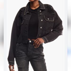 Cropped Distressed & Studded Black Jean Jacket Size XS Oversized